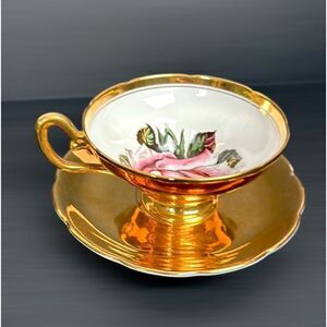 Vintage Taylor & Kent Large Pink Cabbage Rose Tea Cup Saucer Heavy Gold Signed